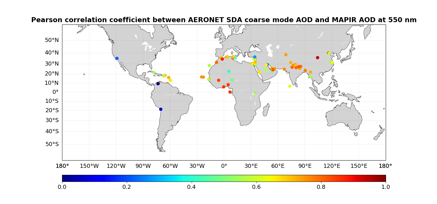 This figure shows the Pearson correlation coefficient between the AERONET SDA coarse mode AOD and the MAPIR version 4.1 AOD converted to 550nm